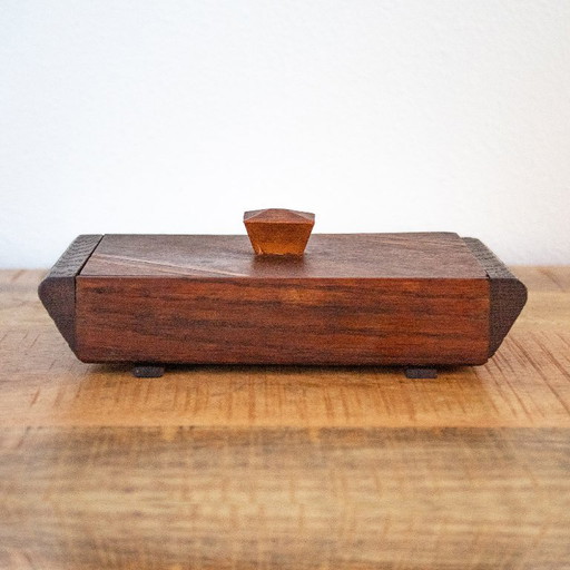 Boîte en bois ancienne de style Art déco des années 1930, à motif géométrique