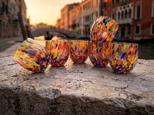Set di 6 bicchieri in vetro soffiato veneziano con murrine Effetre Murano fuse nel vetro, hand made in italy.