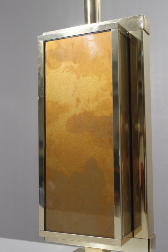 Image 1 of Philippe Cheverny - Grote messing lampvoet met omgekeerd beschilderd glas, Frankrijk, jaren 70