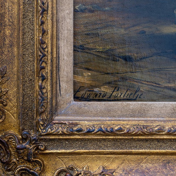 Image 1 of Edward Portielje "La lettre", peinture à l'huile flamande du 19e siècle représentant deux dames