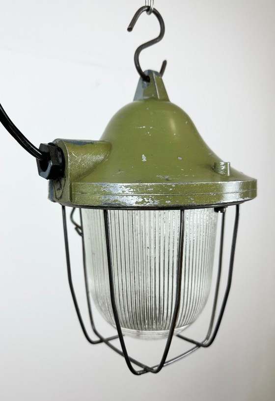 Image 1 of Groene industriële bunkerlamp van Polam Gdansk, jaren 70