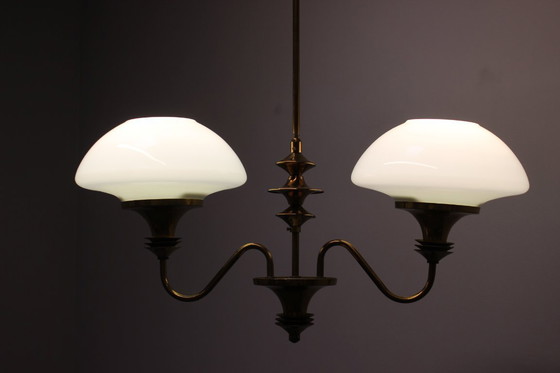 Image 1 of Kroonluchter van messing uit het midden van de vorige eeuw, Jablonec Glassworks, jaren 70, Tsjecho-Slowakije