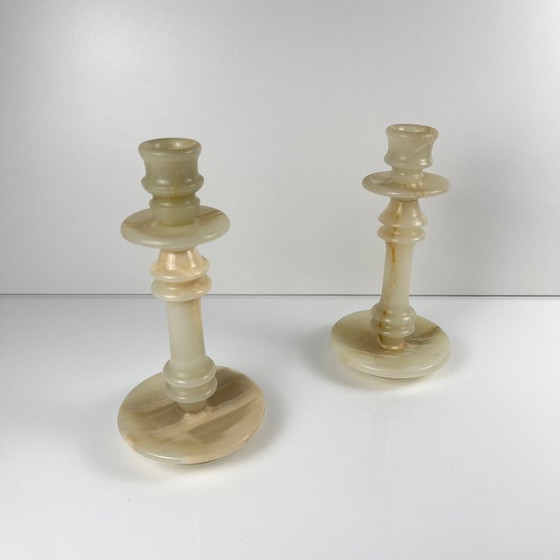 Image 1 of Pair of alabaster candlesticks, 20th century