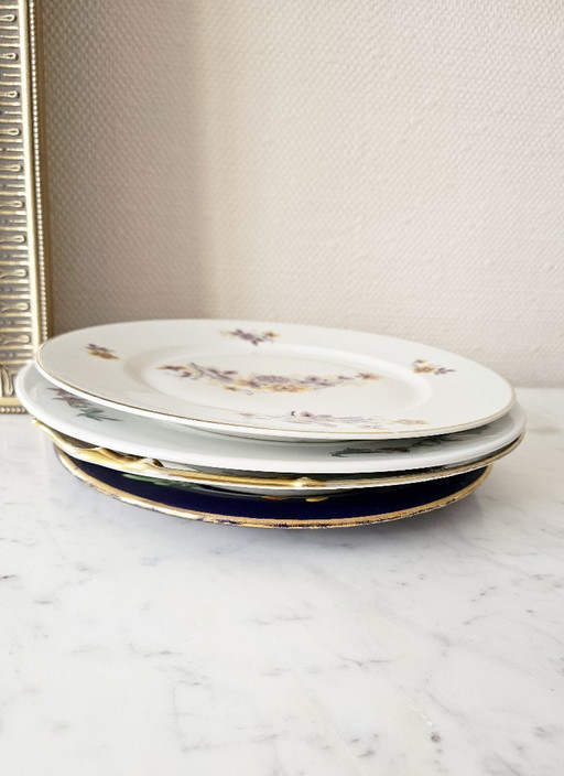 Lot prestige 4 assiettes Porcelaine de Limoges Bernardaud et Co et Emaux Bleu de Four décor fleurs