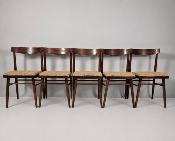 Image 1 of Vintage stoelen van beukenhout en stof, jaren 60, set van 5