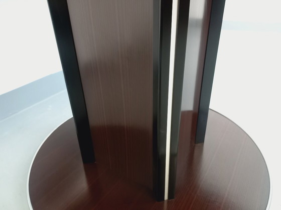 Image 1 of Table ronde de repas vintage en bois d’ébène et métal chromé style Space Age / Diner des années 70 avec rallonge intégrée