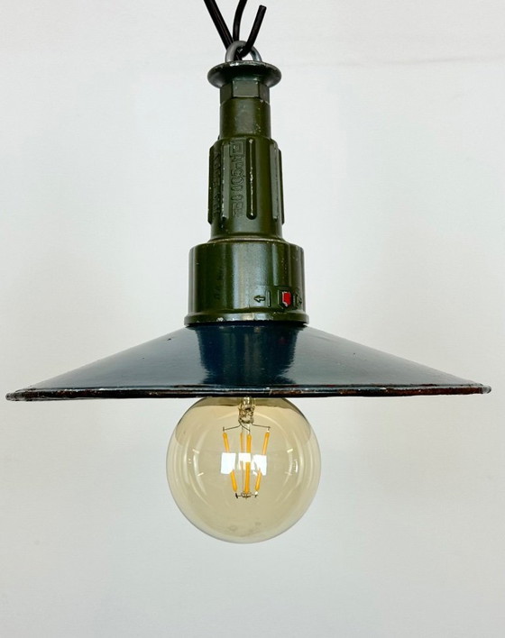 Image 1 of Industrial Blue Enamel Military Pendant Lamp with Cast Aluminium Top, 1960