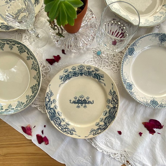 Image 1 of Set of 6 mismatched ironstone dinner plates, antique Sarreguemines earthenware, Choisy le Roi Boulanger