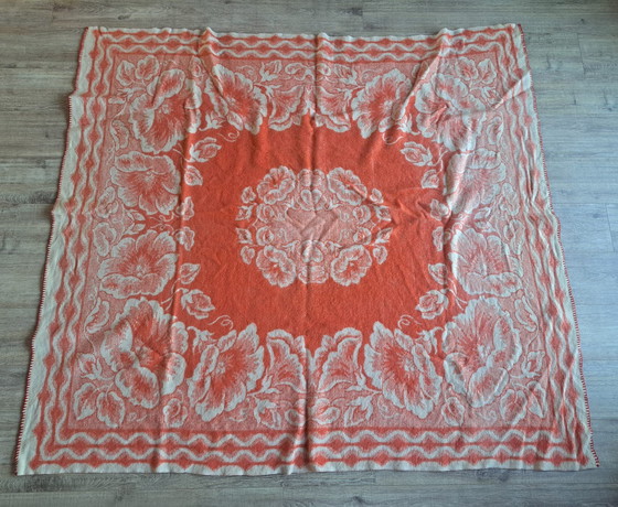 Image 1 of Vintage Wollen Bloemenplaid – Dubbelzijdig – Warm Rood met Crème – 174×191 cm