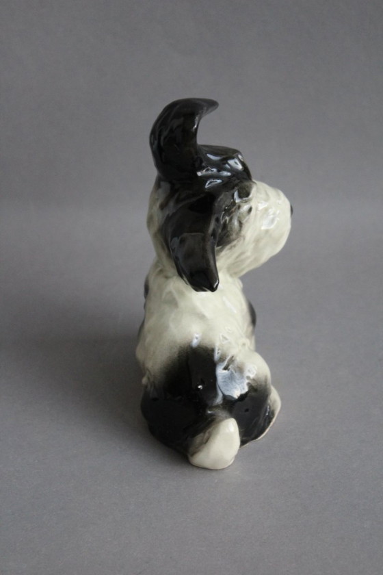 Image 1 of Dog figurine, terrier, black and white spotted, hand-painted ceramic from the 1960s