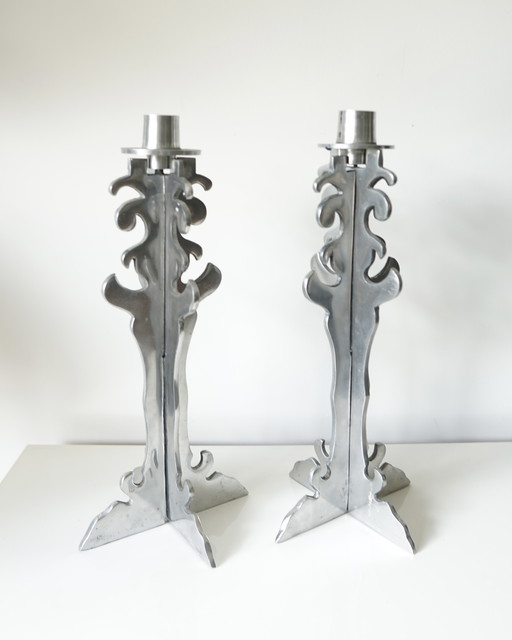 Pair of Brutalist candlesticks in vintage carved chromed metal - 1970s