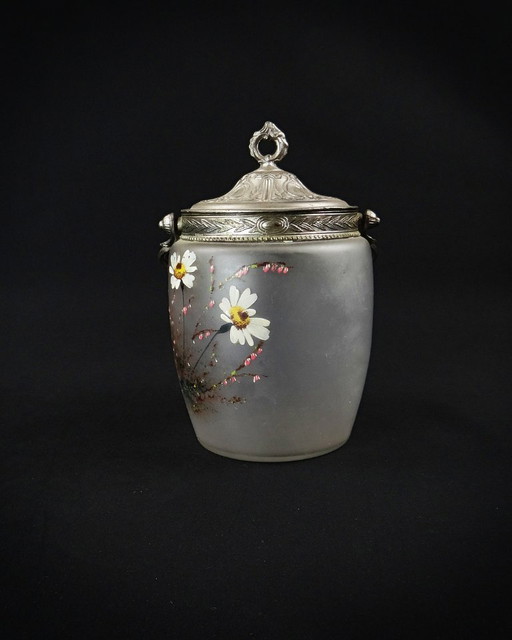 Art Nouveau painted glass cookie bucket in the taste of Legras