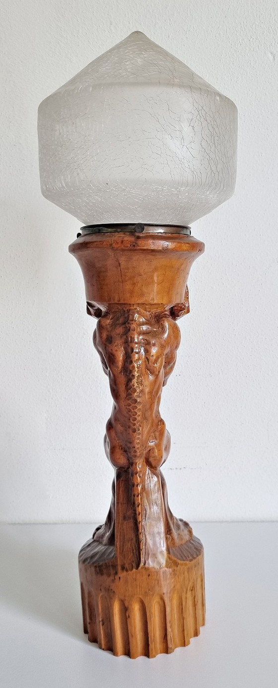Image 1 of Folk art wooden sculpture lamp with crackled glass