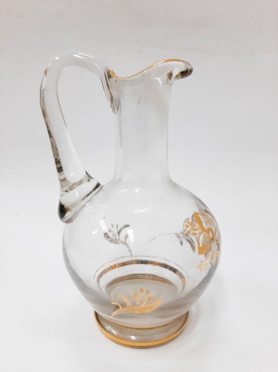 Image 1 of Vintage glazen kan uit de jaren 60, gouden bloemenpatroon