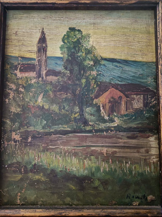 Antique Oil Painting Landscape Scene mid-19th Century, Paintings & Drawings, Canvas, Wood, Green, Vintage (photo 4 of 5)
