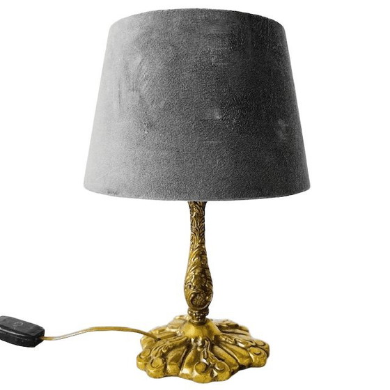 Image 1 of Antique Art Nouveau table lamp with brass, gold-gray lampshade, 1910s