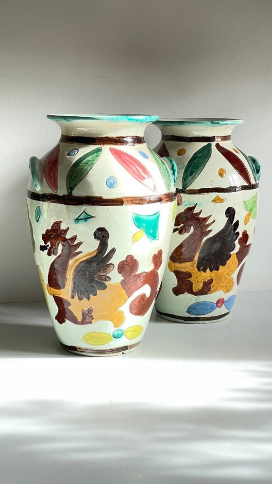 Image 1 of Italian Majolica Vases with Dragon Motif