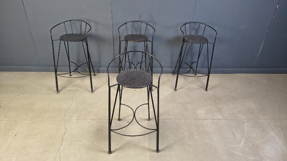 Image 1 of Tabourets de bar vintage en fer forgé et rotin, lot de 4 - années 1970