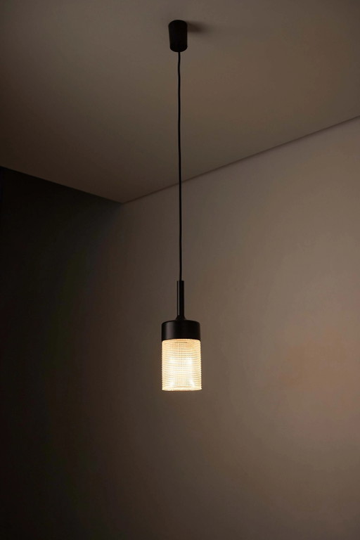 Suspension Noire Modèle "7480" en Verre Structuré par Cosack