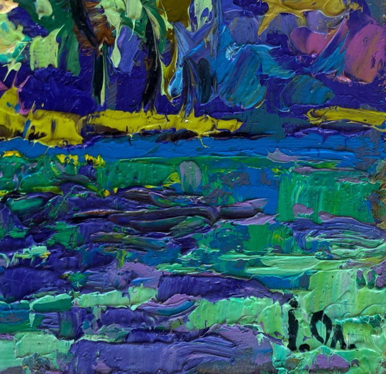Image 1 of Original Oil Painting Evening River Landscape River and yellow sunset