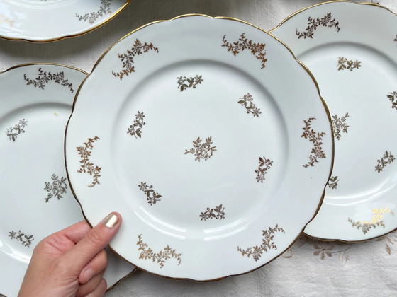 6 J&Ciem France 1950 Witte vergulde florale porseleinen dinerborden – Servies, Porcelain (photo 3 of 9)
