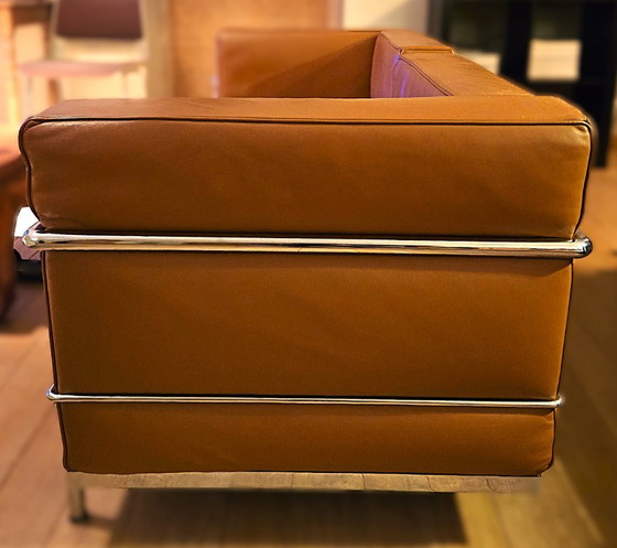 Vintage 2-Zitsbank In Cognac Leder – Le Corbusier LC2-Stijl – Designklassieker – Fauteuils, Metal, Leather (photo 4 of 5)