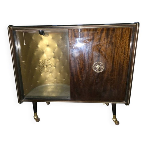 Mobile bar degli anni '50/'60, con interni imbottiti e illuminazione. – kasten, Glass, Metal