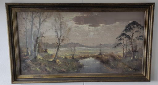 Pastelkrijt schilderij Gouache Gerard Cox jr. Heidelandschap