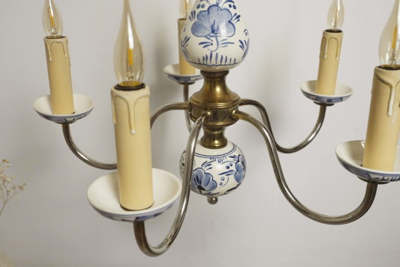 Image 1 of Antique Delft Blue Porcelain Chandelier Dutch Ceramic Ceiling Light Blue White Farmhouse Cottagecore Lighting
