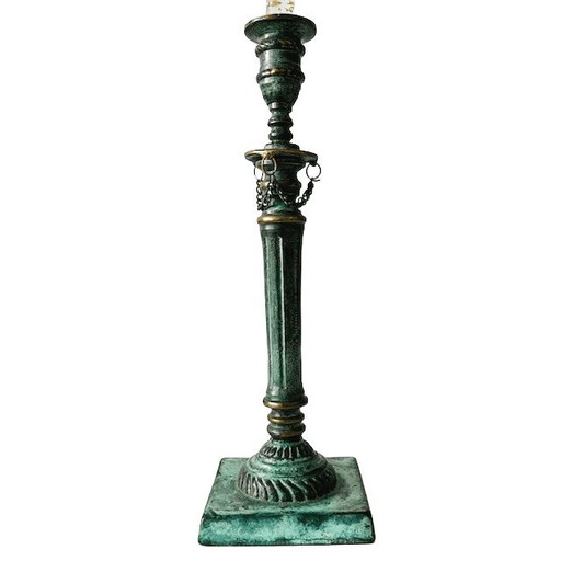 Candelabro antiguo de bronce con pátina verde, década de 1900