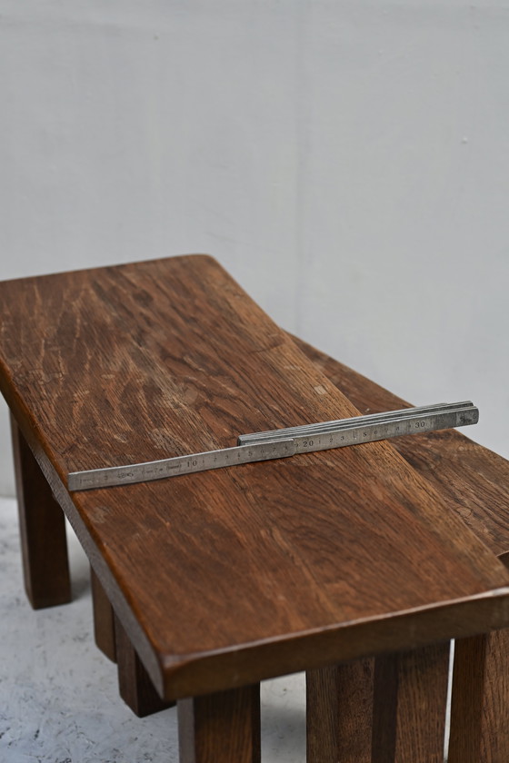 Image 1 of Vintage zwaar massief eiken bijzettafels – set van 3, rustieke minimalistische bijzettafels, handgemaakte hardhouten meubels.