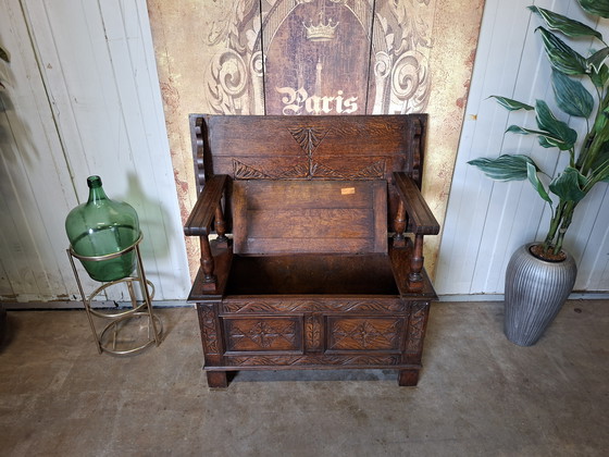 Image 1 of Antieke Victoriaanse halbank, haltafel met klep luikje , afm.90x48cm en 75cm hoog. 

Zithoogte ca 45cm 
