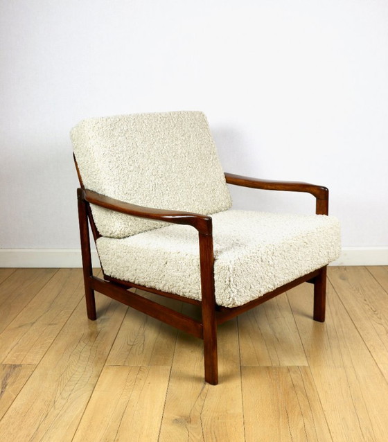 Image 1 of Wooden vintage brown armchair beige ivory long pile boucle design by Z. Bączyk - 2 pieces available