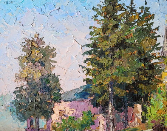 Image 1 of Original Oil Painting Cityscape House Garden Entrance to the Beautiful City
