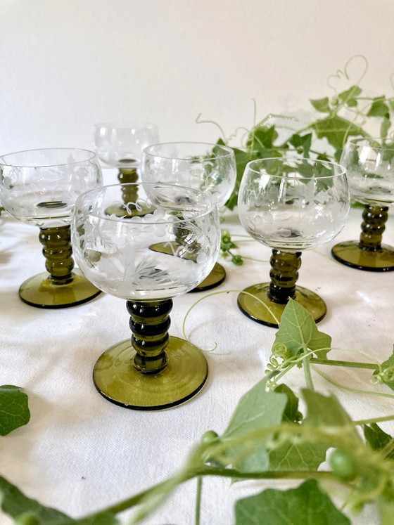 Image 1 of 6 small Roemer liqueur glasses, moss green stepped stems