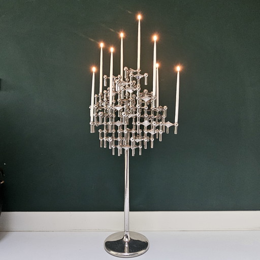 Large vintage STOFF Nagel candle stand - rare floor stand with 52 modular candlesticks, chrome plated, 1970s