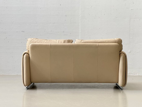 Image 1 of Vintage beige leren tweezitsbank, Zwitserland, jaren 80