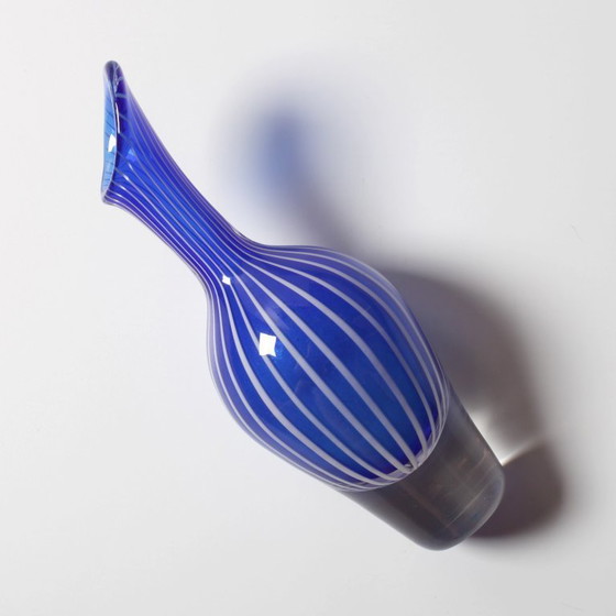 Image 1 of Mid-Century Orrefors Art Glass Vase: Blue & White Stripes, Jan Johansson, Sweden