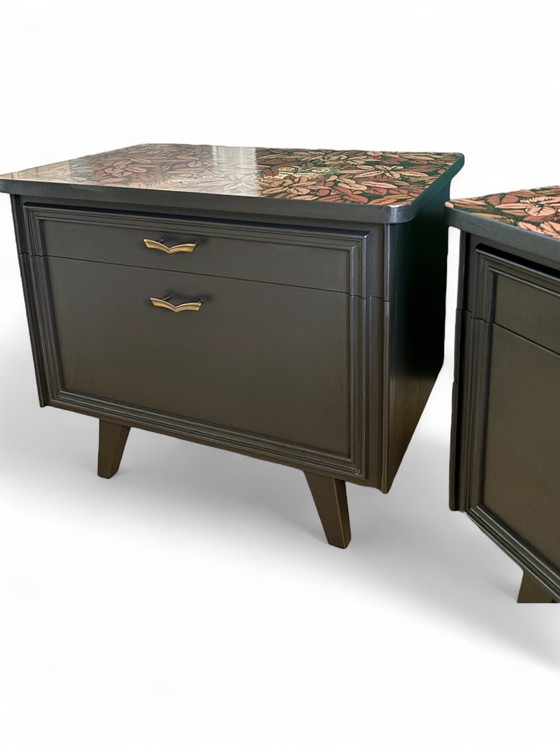 Image 1 of Vintage bedside tables with Fornasetti Foglie e Civette | The Vintage Vibe