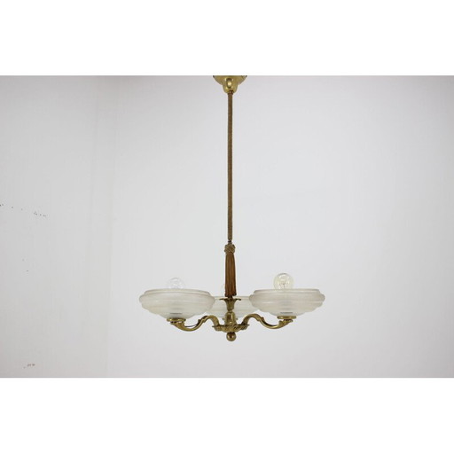 Lustre vintage Art Déco en laiton et verre, Tchécoslovaquie 1930