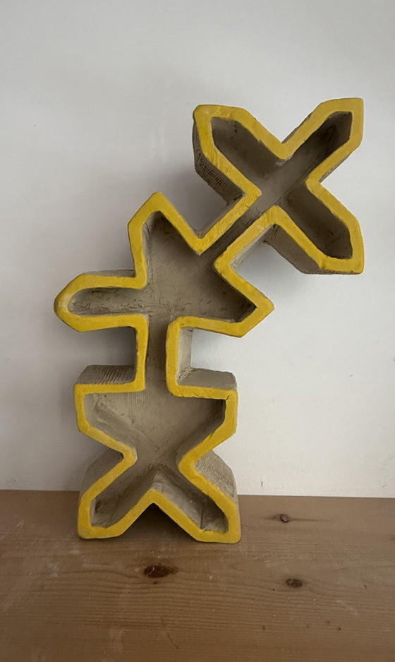 Expressive Architectural Clay Sculpture - Hand-Sculpted Yellow And Raw Stoneware Cross Totem – Other (photo 4 of 7)