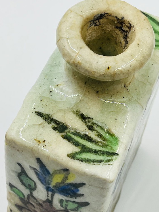 Image 1 of Antique Rectangular Ceramic Bottle, Persian Qajar Style, Fish Design, 19th Century