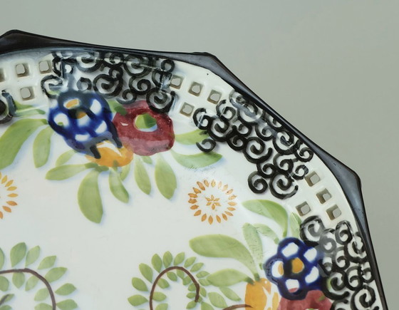 Image 1 of Coupe octogonale Art déco, coupe sur pied, Schramberg Majolika, décor peint à la main des années 1920