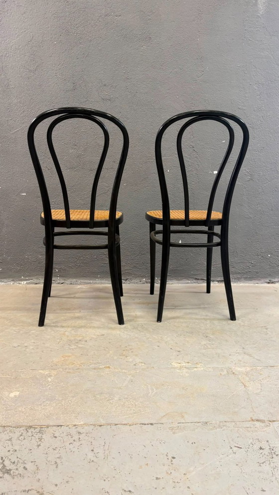 Image 1 of Een paar gebogen houten stoelen, met Weense rieten zittingen, jaren 60, Polen