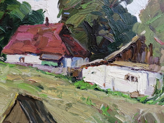 Peinture à l'huile originale Paysage rural Vie de village d'été Campagne Au-delà du puits (photo 9 of 11)