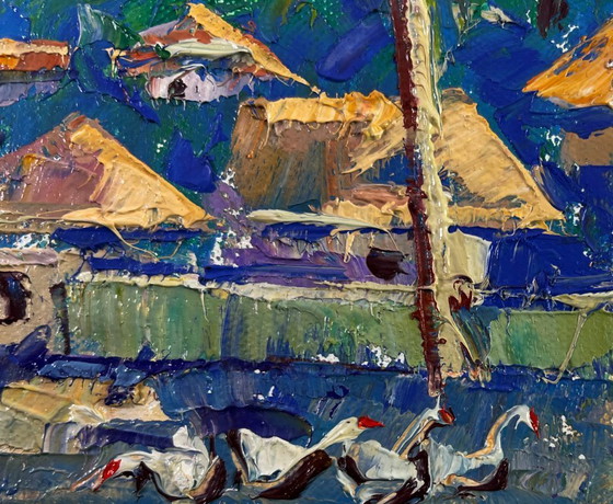Image 1 of Original Oil Painting Summer City Landscape Sunlight gently pours through houses