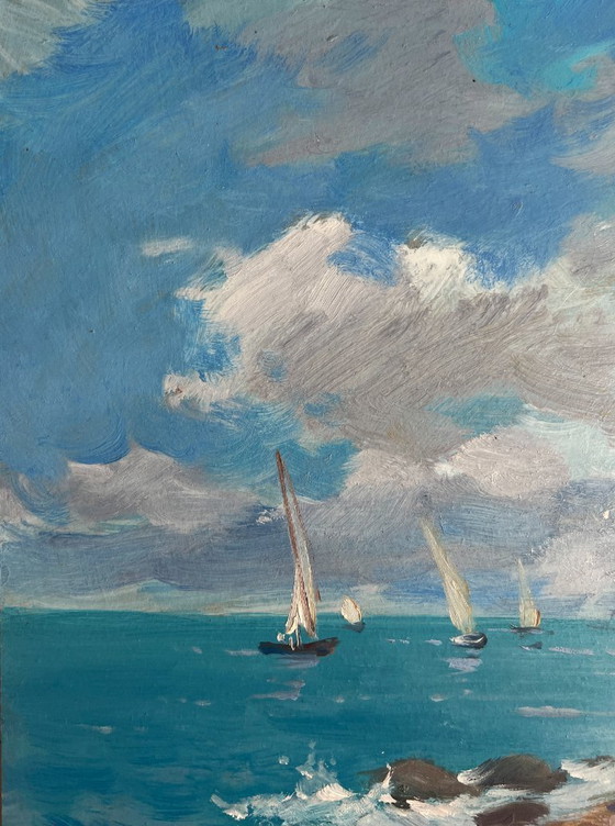 Image 1 of Original Oil Painting Coastal Rock Landscape Sailing towards a dream