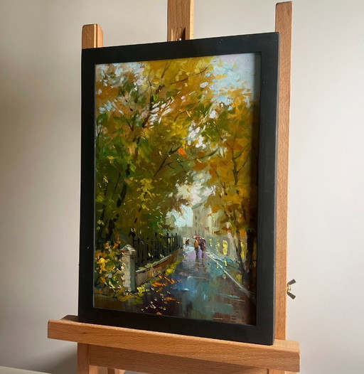 Peinture à l'huile originale, paysage urbain d'automne. Promenade dans un parc urbain en automne.