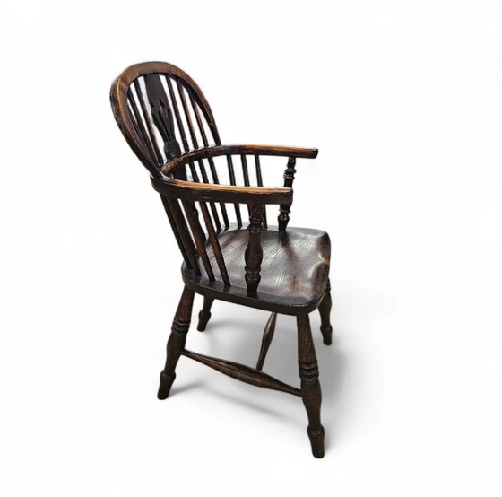 4 x Fauteuil Windsor ancien 2 bas / 2 hauts à dossier à fuseaux en orme / 19ème siècle (photo 15 of 15)