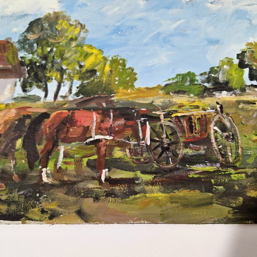Jozsef BANFI (1936-) Oil Painting on Cardboard | Horse and Cart on the Farm | Signed by Bánfi | Famous Hungarian Painter